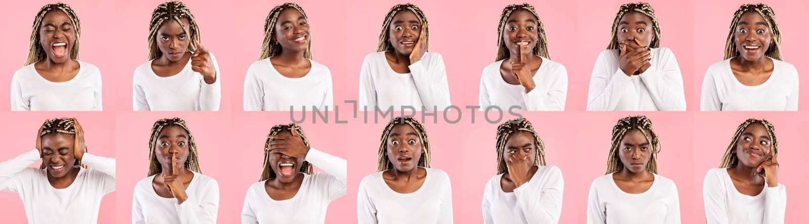 Human Emotions Concept. Composition set of young black woman emotional portraits. African american female grimacing and expressing positive and negative reactions at pink studio background, panorama
