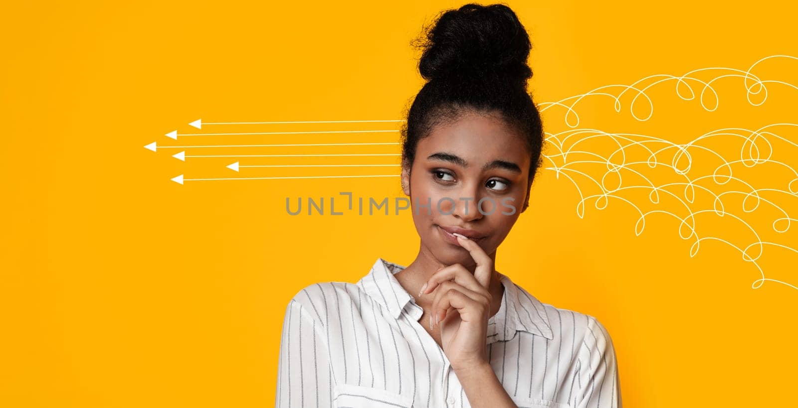 Collage with young black woman arranging her chaotic thoughts on orange background, panorama. Copy space. Millennial lady making up her mind, thinking over problem