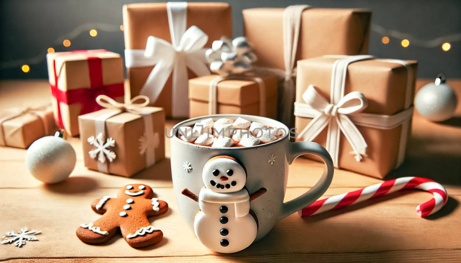 Low-angle view with a shallow depth of field and bright lighting. In the foreground, a cup of hot cocoa with gingerbread marshmallows forming the shape of a snowman sits sharply in focus on a wooden table. The background features several Christmas presents of different sizes wrapped in homemade, hand-painted paper with bows and straps, showcasing minimalist and festive designs.