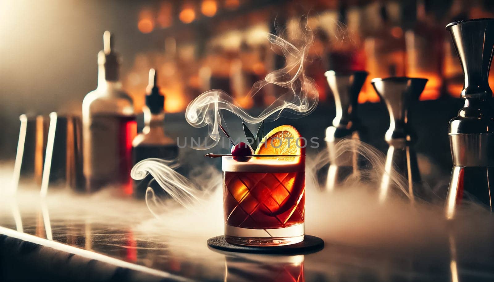 The images showcase an exquisitely crafted cocktail, emitting delicate wisps of smoke on a marble bar top. The rich, dark drink is garnished with a vibrant orange slice and a cherry, while the background reveals a mixologist’s hand at work, all bathed in warm, inviting light.