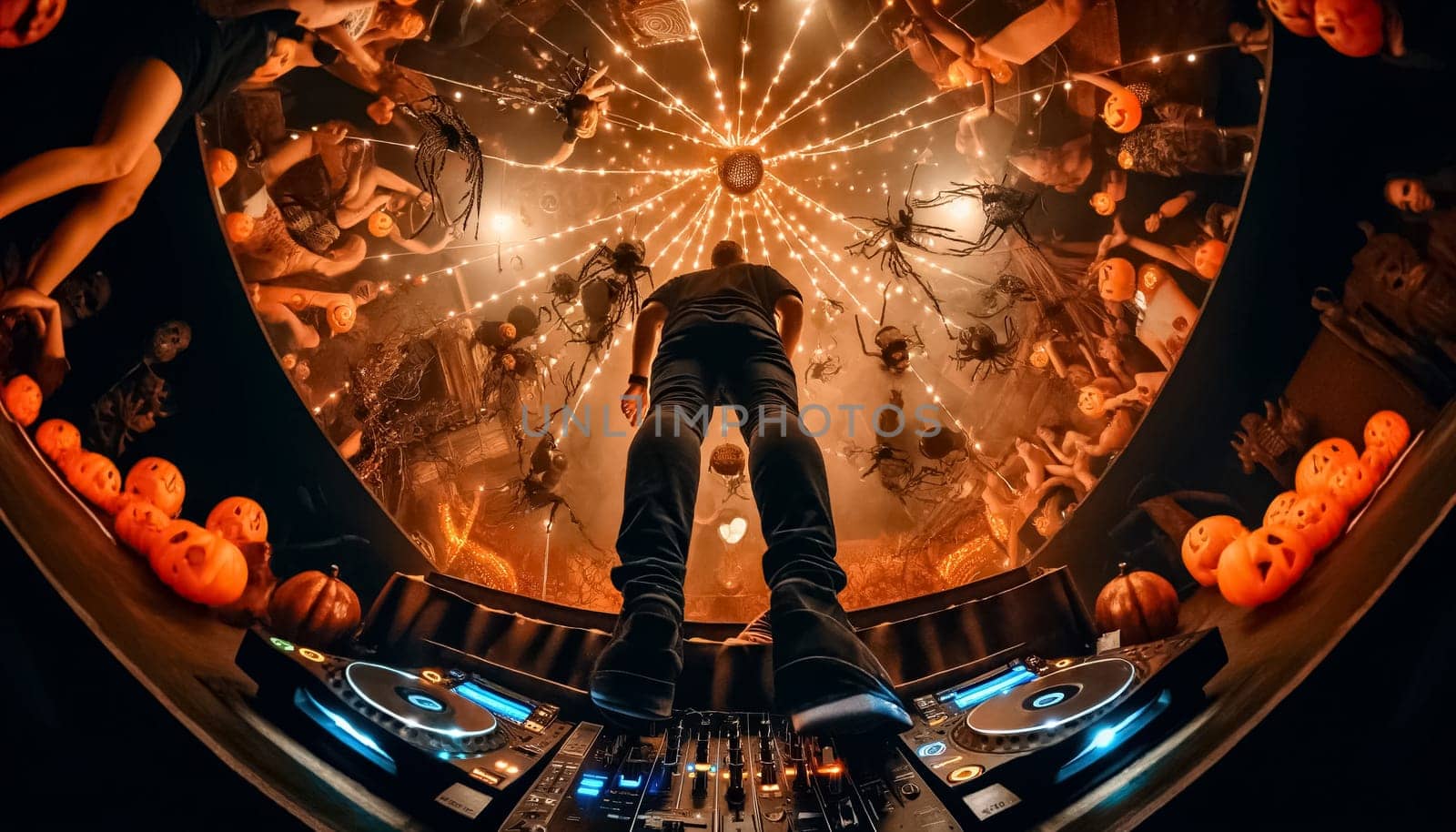 From an elevated stage, a DJ with a jack-o-lantern head orchestrates a mesmerizing Halloween bash for the lively crowd below.