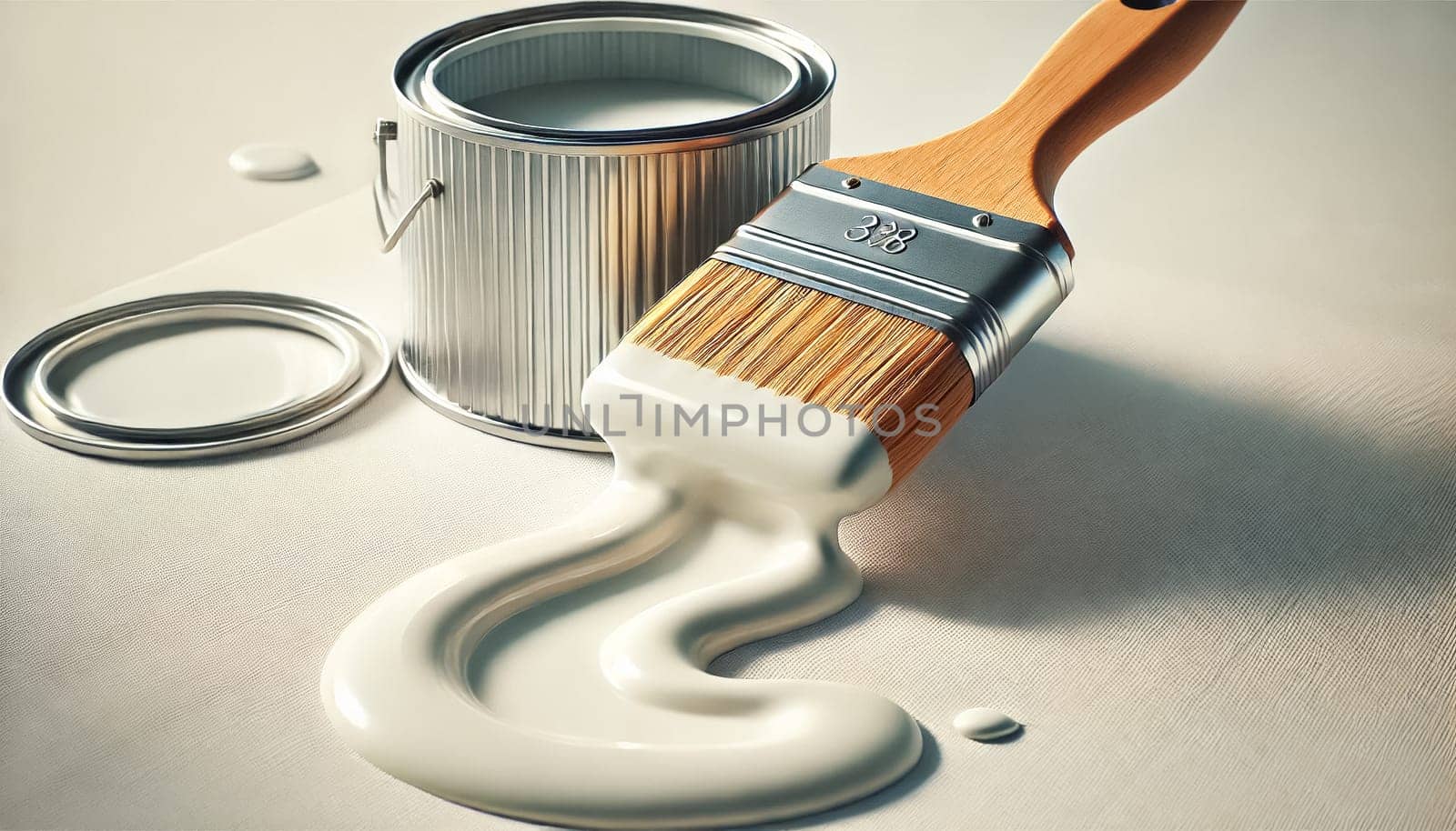 This angled view shows a paintbrush leaning against a paint can, with white paint dripping smoothly off the bristles. The glossy paint forms a gentle stream, highlighting the interaction between the brush and paint in a clean, minimalist setting.