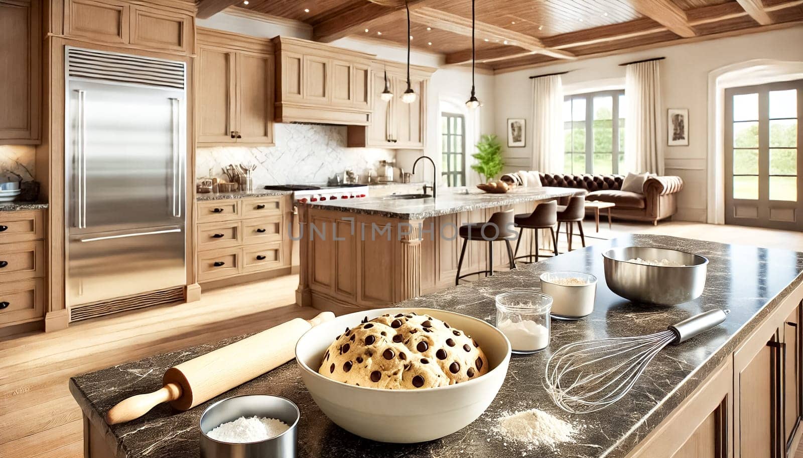 Stylish and modern kitchen with quartz countertops and an open floor plan. Chocolate chip cookie dough in a clear glass bowl is in sharp focus, with a spatula and cookie cutters nearby, highlighted by the shallow depth of field.