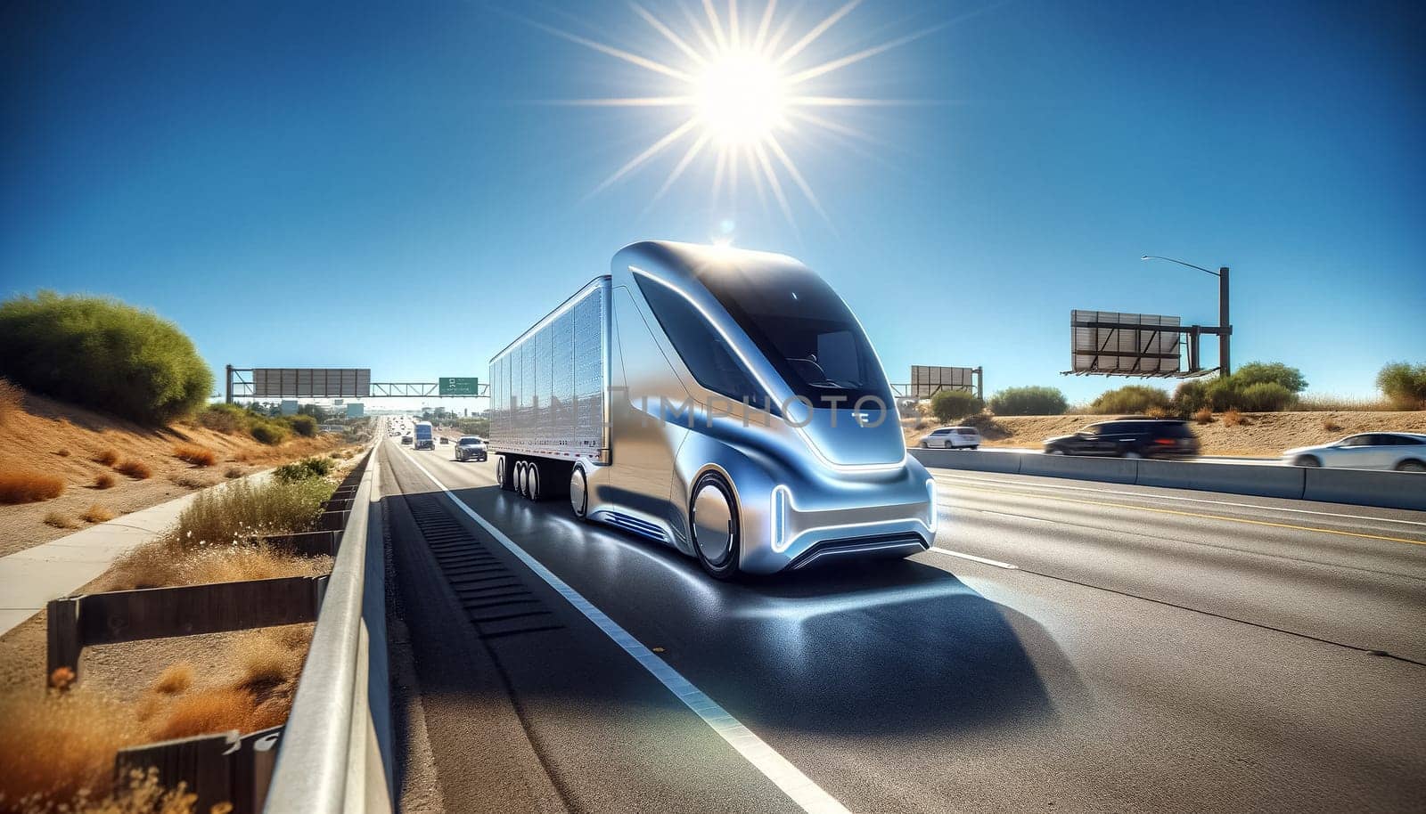With a sleek design cutting through the breeze, this state-of-the-art electric truck heads confidently down the highway, signaling a new era in transportation.