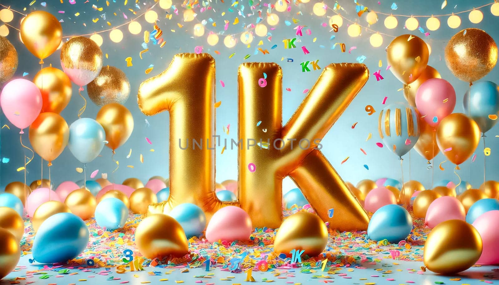 The image captures a lively celebration scene featuring large gold balloons spelling out "1K" surrounded by vibrant confetti and pastel balloons. A light blue background adds to the festive atmosphere, highlighting the shining golden balloons and colorful decorations.