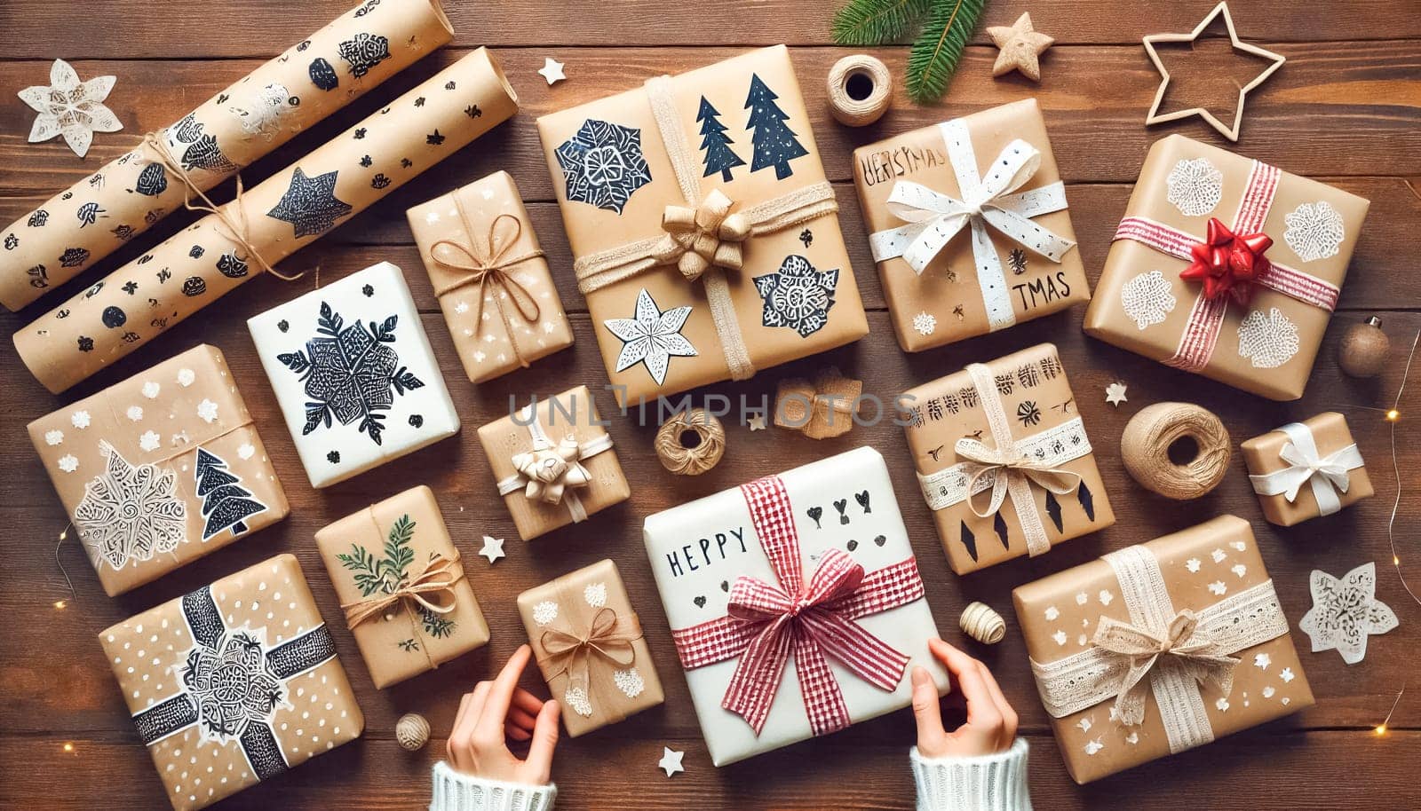 Top-down view of several Christmas presents of different sizes on a wooden table, wrapped in homemade, hand-painted paper with bows and straps. The minimalist and festive designs offer an elegant holiday presentation.