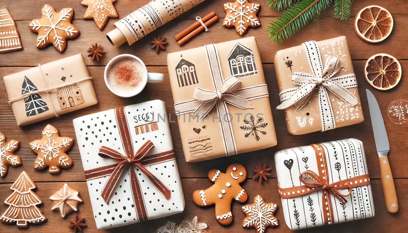 Top-down view of several Christmas presents of different sizes on a wooden table, wrapped in homemade, hand-painted paper with bows and straps. Handmade decorated gingerbread cookies and a cup of hot chocolate add a festive and cozy touch beside the gifts.
