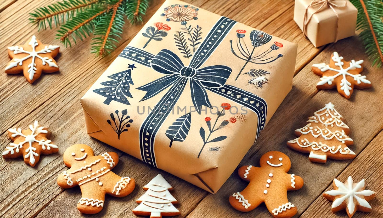 A Christmas present on a wooden table, wrapped in homemade, hand-painted paper with a bow and straps. Beside the gift are handmade gingerbread cookies decorated with royal icing, adding a festive touch.