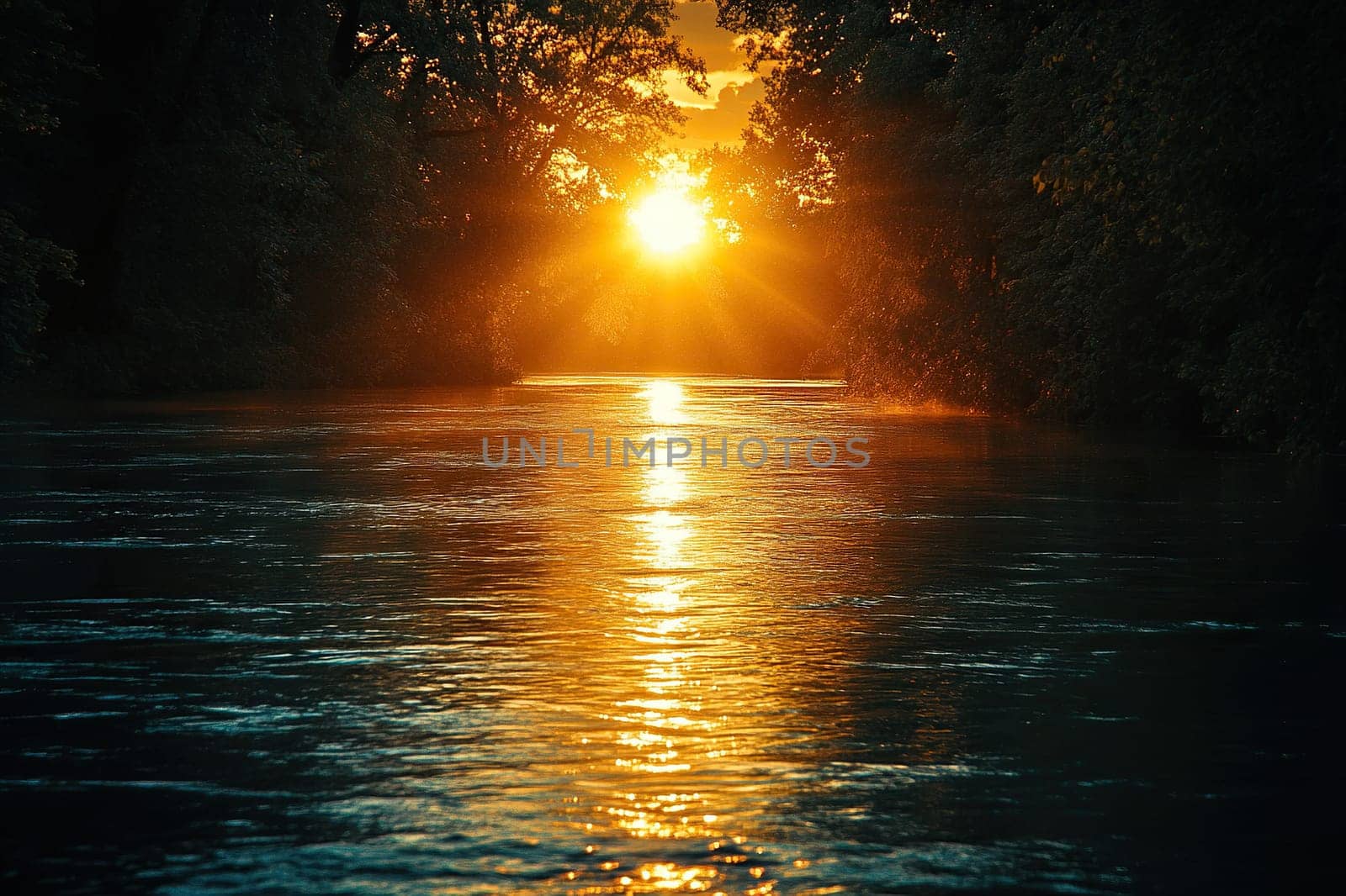 Bright sunrise over a river surrounded by forest.