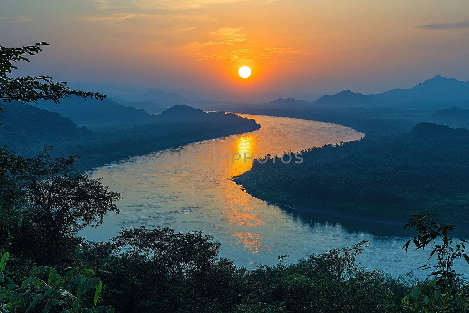 Beautiful river landscape with high green hills at sunrise. Earth day concept.