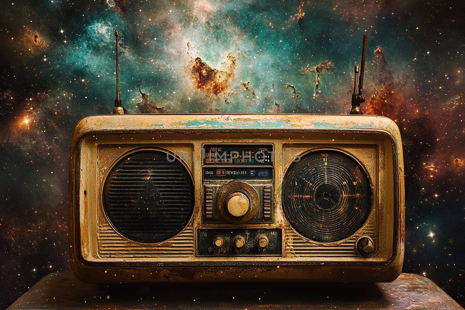 A vintage radio sits on a stand against a backdrop of a cosmic nebula.