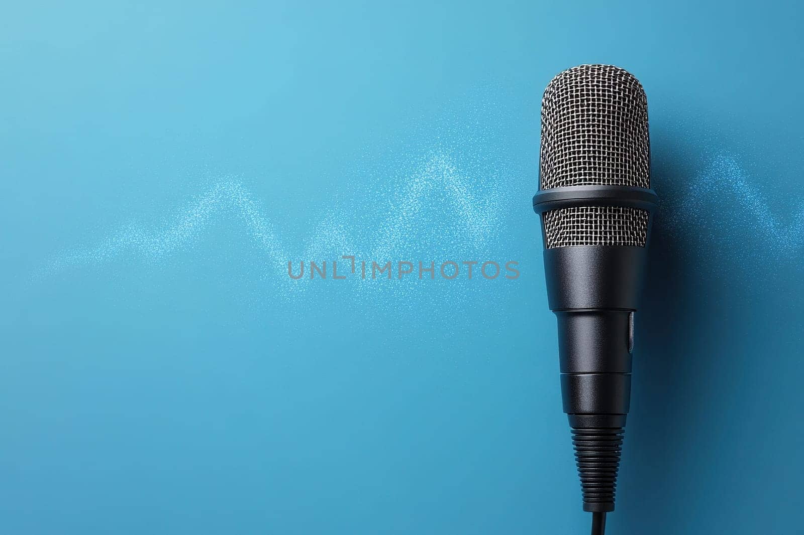 Black microphone with silver mesh head on the right on blue background with shimmering particles. Space for text on the left.
