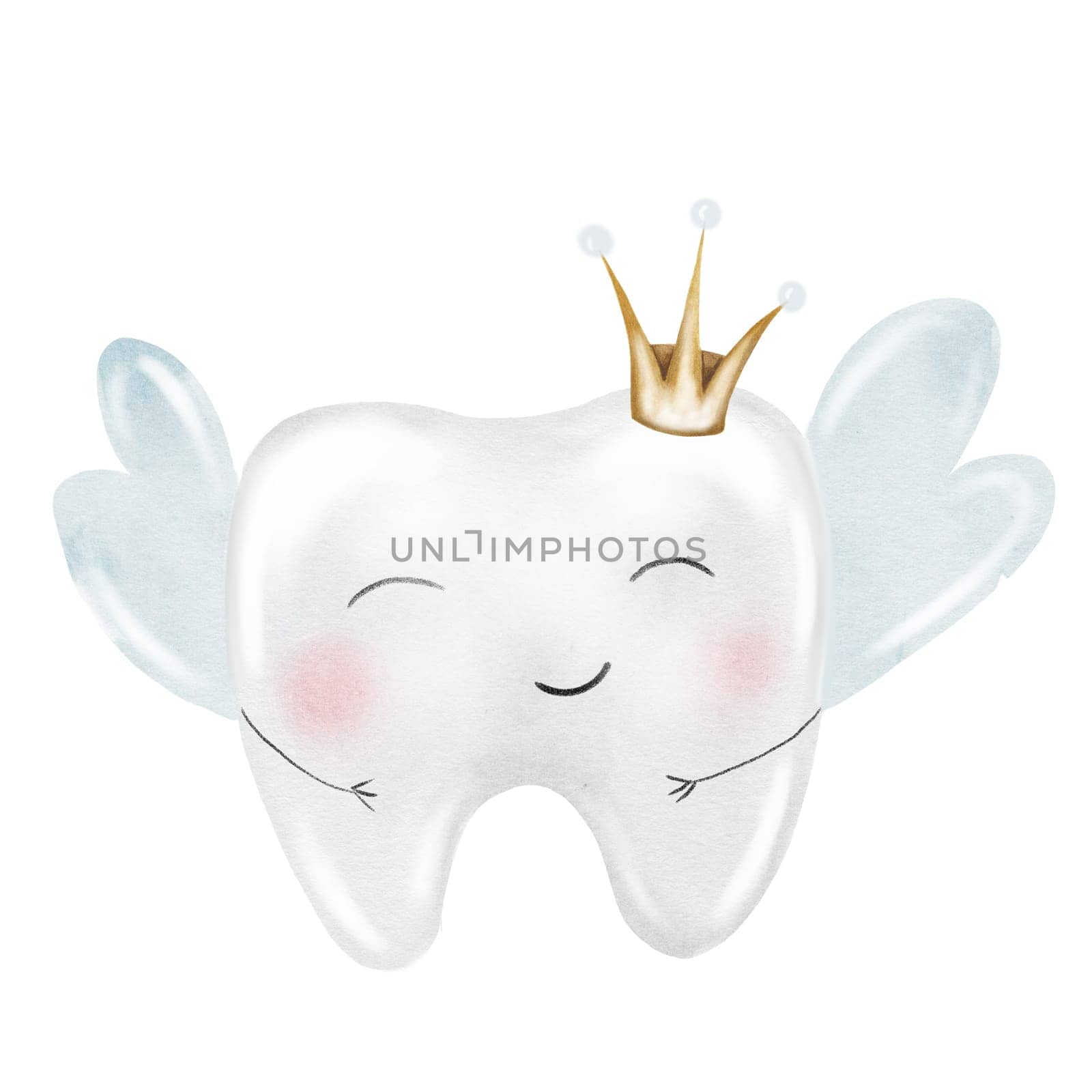 Baby tooth watercolor. Cute cartoon molar with crown on isolated white background. Dental clip art. Ideal for cards and invitations to the party baby's first tooth, posters in the doctor's office. High quality illustration