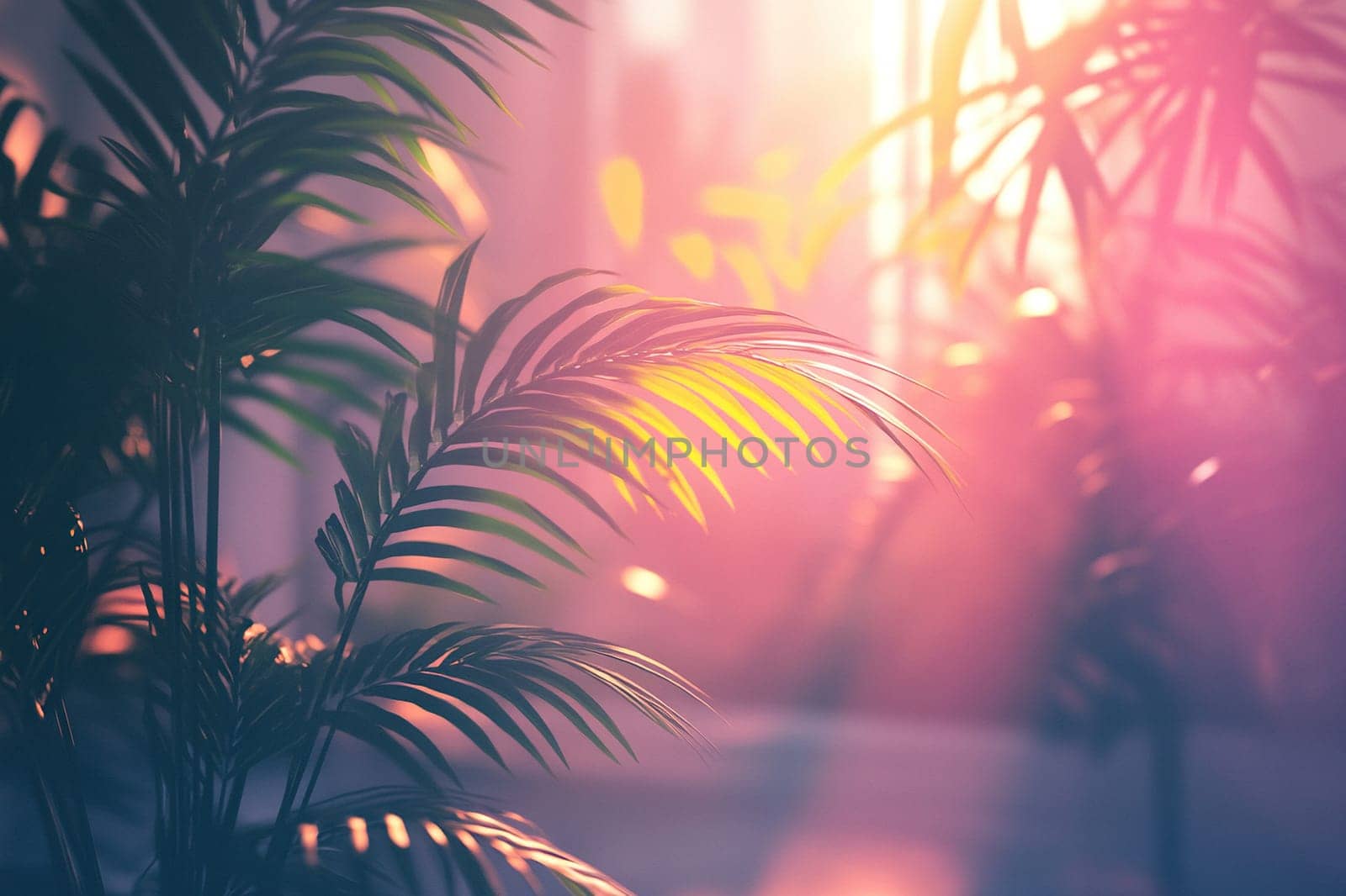Close-up of tropical plant leaves in pink light haze. Banner, background, wallpaper.