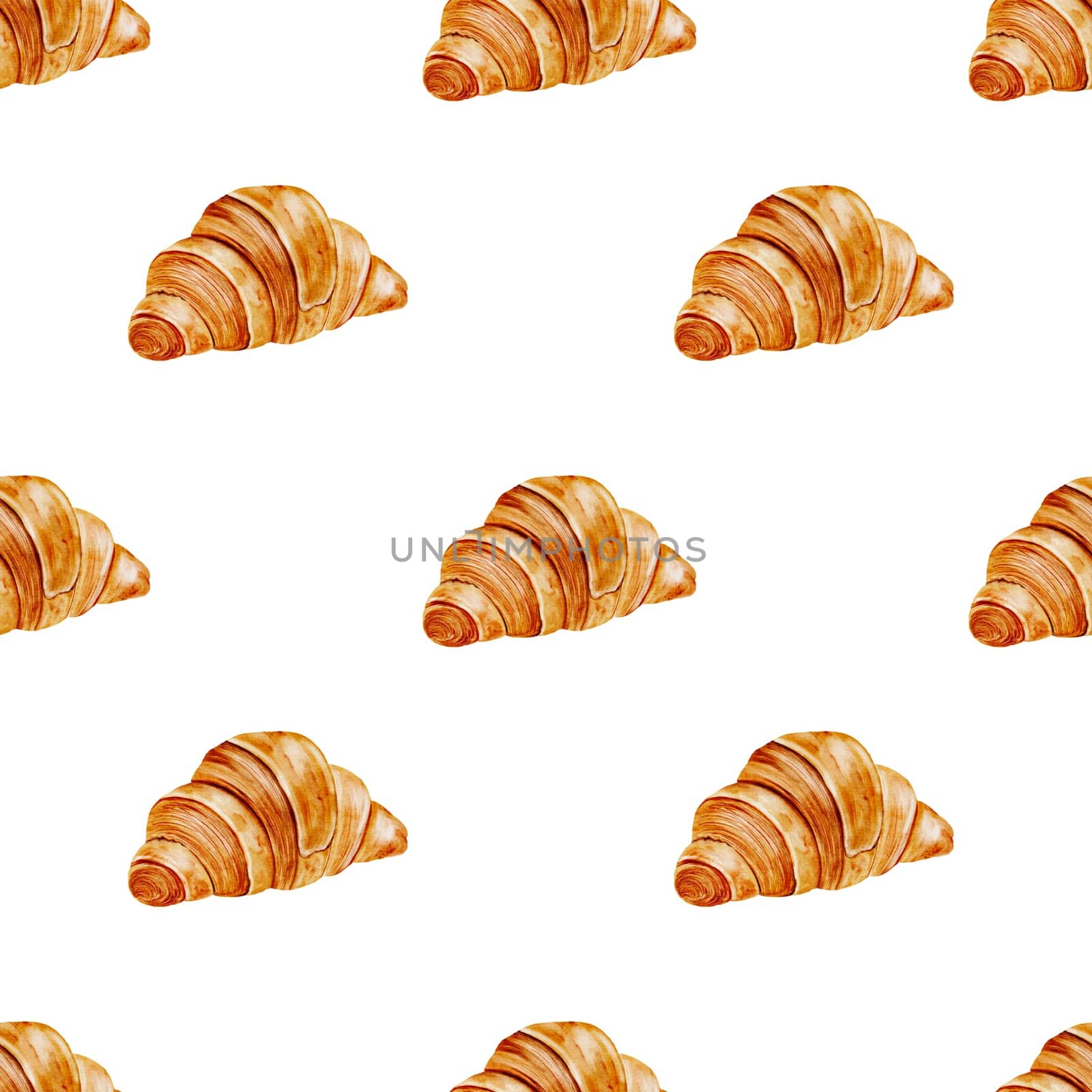 Croissant watercolor pattern. Hand drawn fresh french bun. Food clip art.Ideal for printing packaging in bakery shops, table linens.