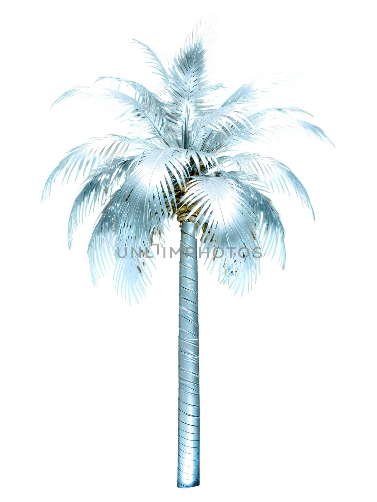 Silver Palm Tree, metallic leaf sheen, dynamic side lighting, floating isolated design