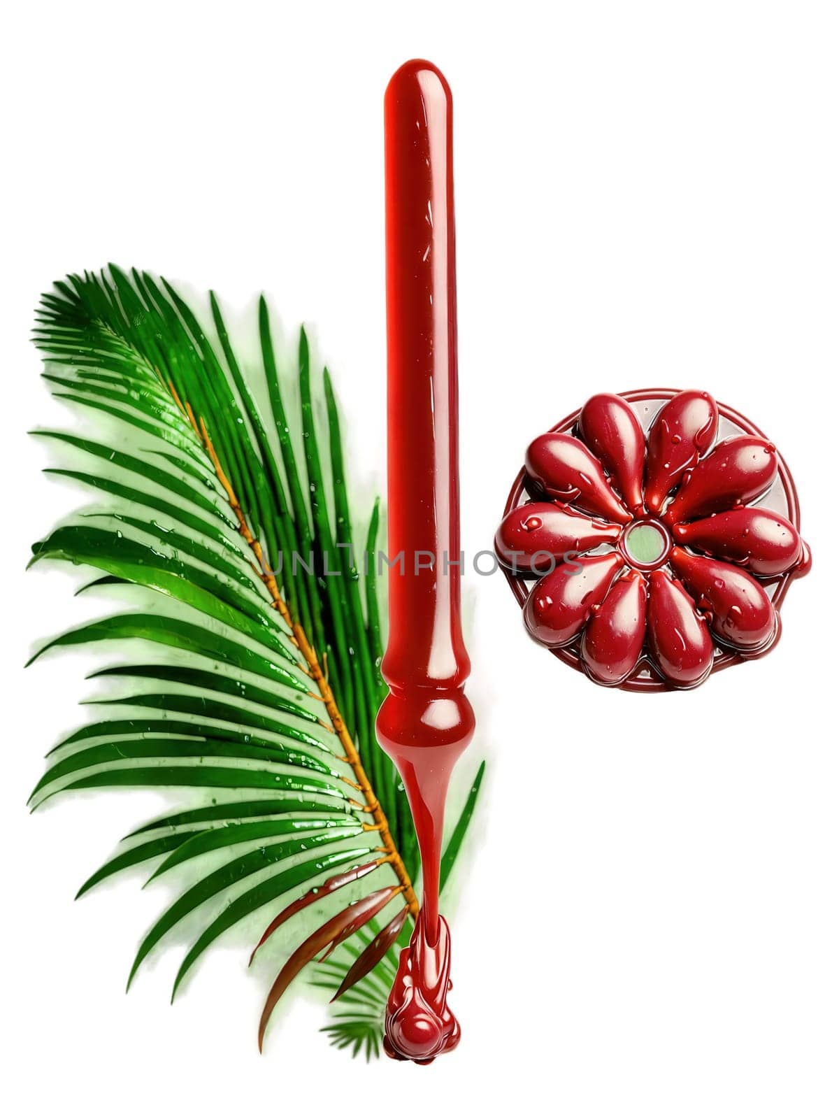 Sealing Wax Palm, red fruit, green fronds, transparent background, bright colors, isolated.