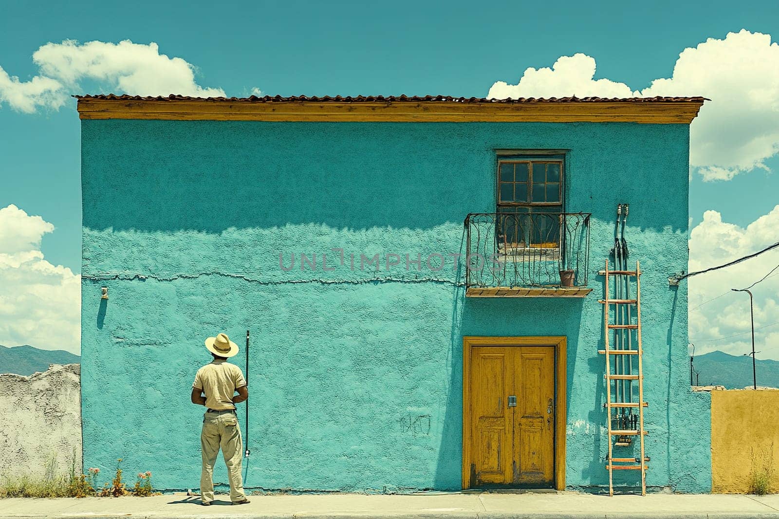 A Mexican man stands next to an old blue building with a wooden ladder leaning against it.