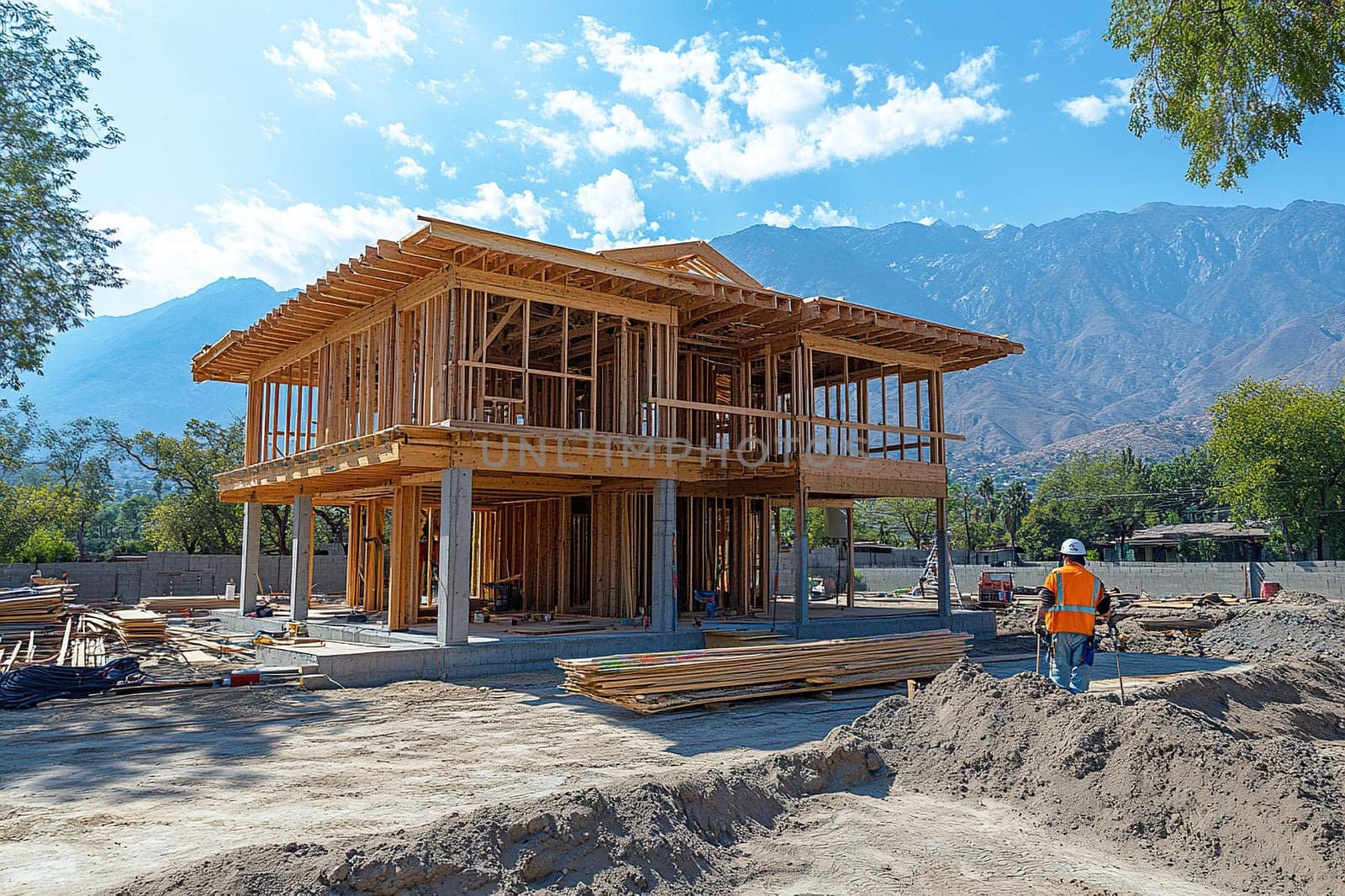 Construction of a timber frame house in the mountains.