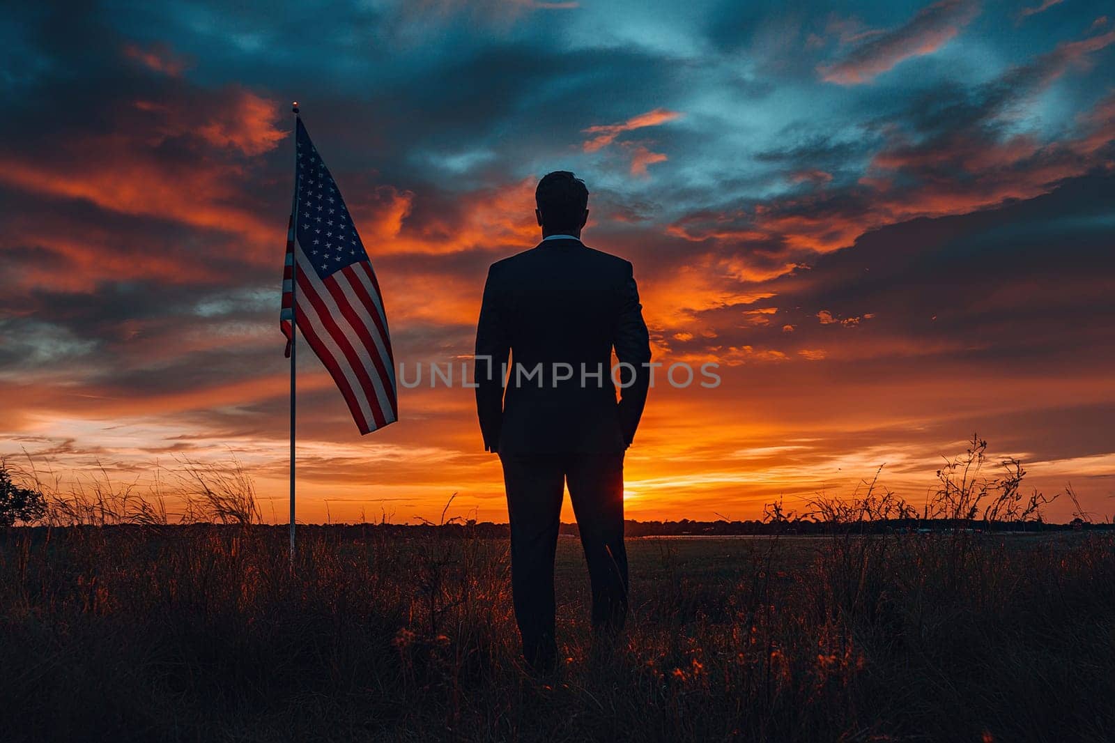 Silhouette of man in business suit with US flag next to him standing in field at sunset.