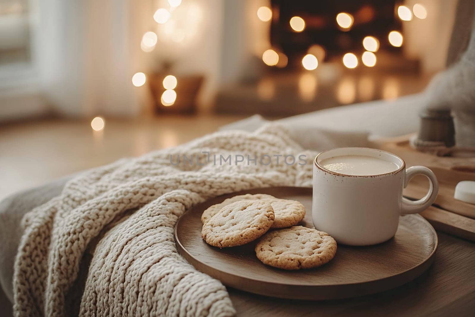 Delicious homemade cookies with a cup of milk on a table in a cozy living room.