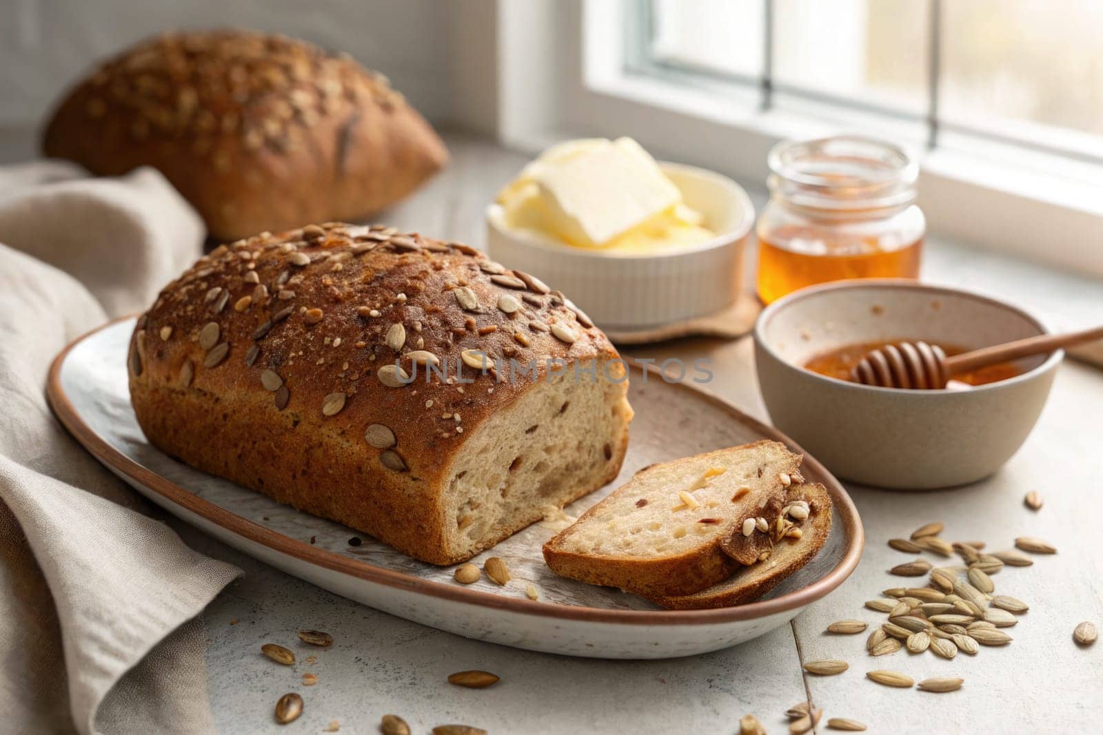 A loaf of whole grain bread topped with seeds is sliced on a plate. Nearby are a bowl of butter, honey in a jar, and a wooden honey dipper, creating a cozy breakfast setting.