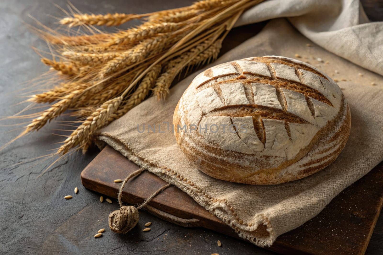 A rustic loaf of sourdough bread rests on a linen cloth, surrounded by golden wheat stalks. The setting evokes a sense of warmth and homemade comfort in a cozy kitchen.