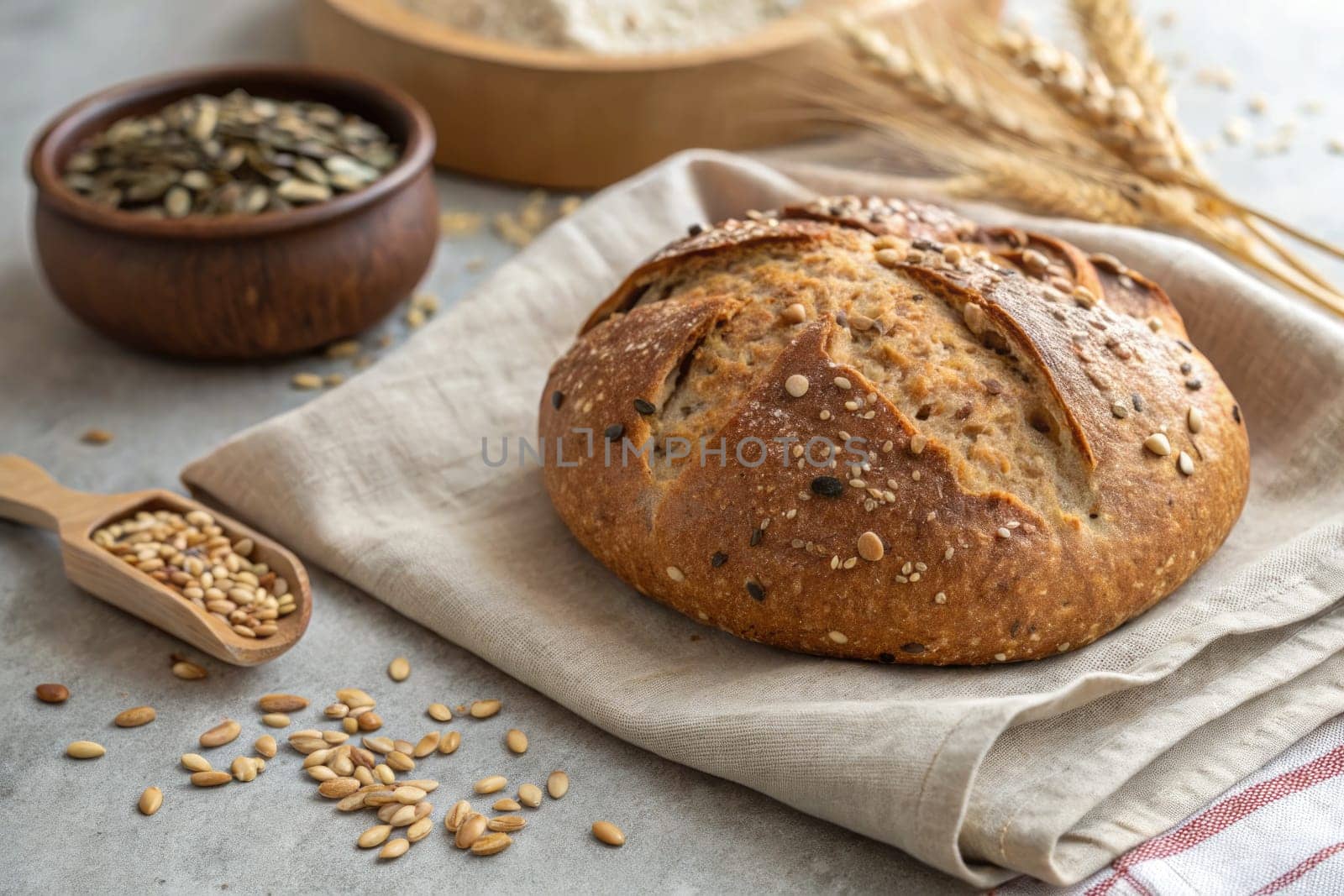 A round loaf of artisan bread with a crispy crust sits on a linen cloth. Seeds are scattered nearby, and a bowl of mixed seeds is visible, enhancing the rustic atmosphere of the kitchen.