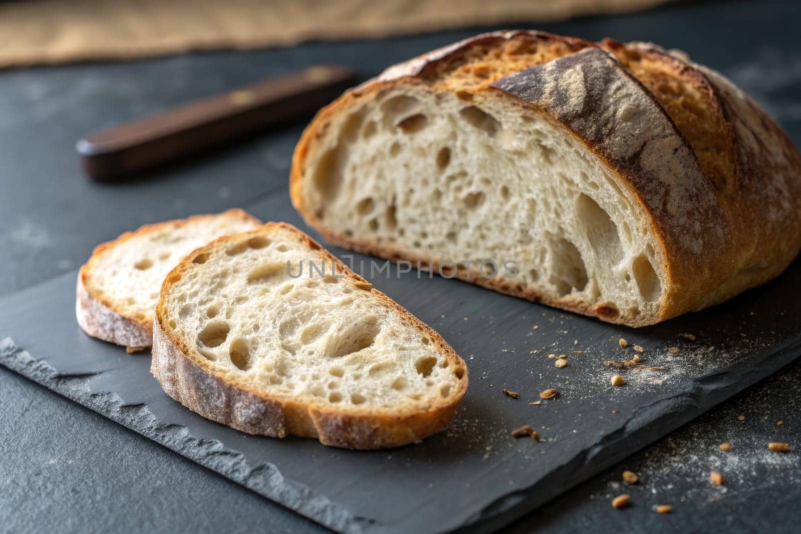 A crusty loaf of freshly baked bread sits on a dark surface with two slices cut and displayed. The golden crust contrasts with the soft, airy interior, inviting a tasting experience.