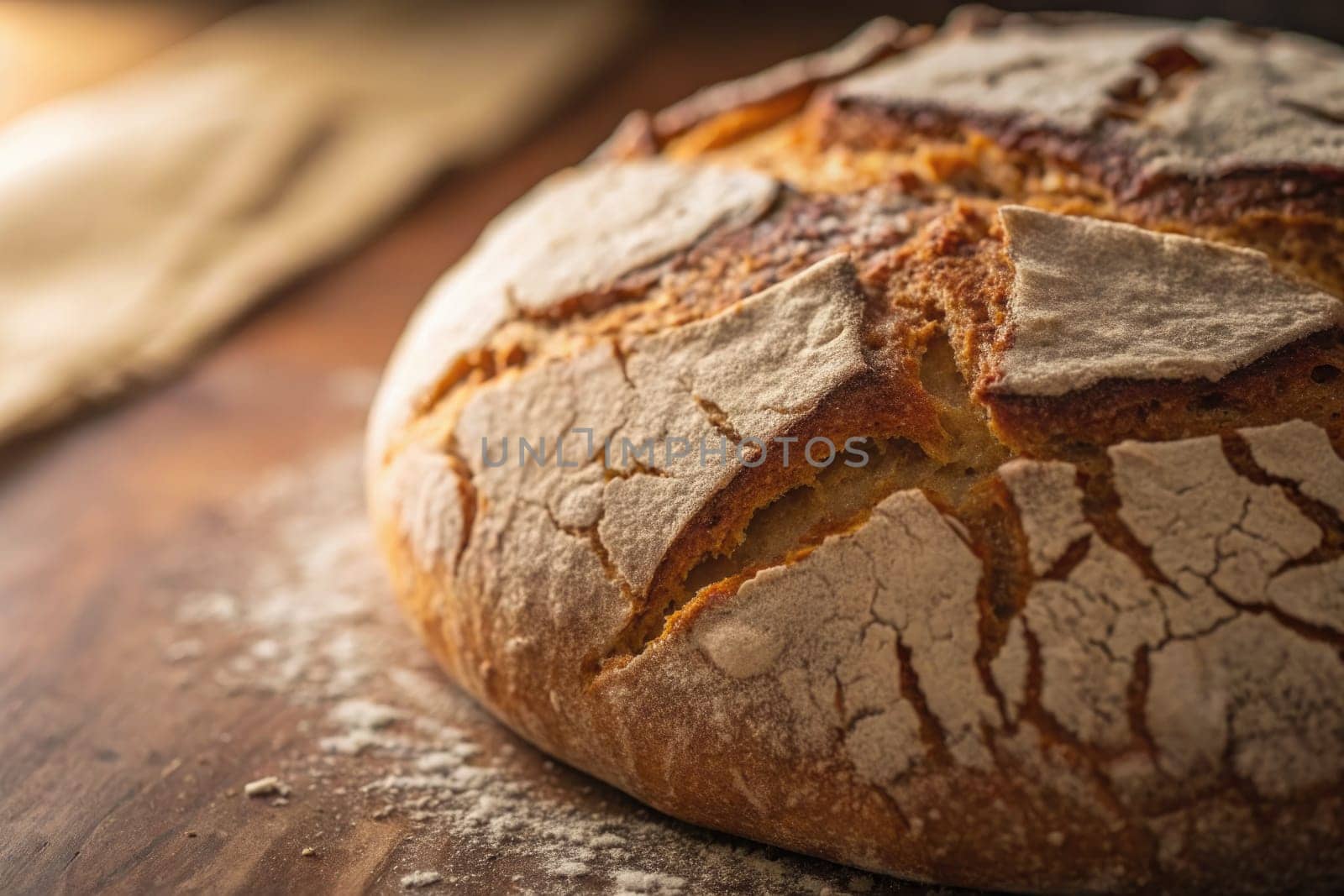 A round loaf of freshly baked artisanal bread rests on a wooden table, showcasing its crusty surface and cracks. Flour is scattered around, highlighting the baking process.