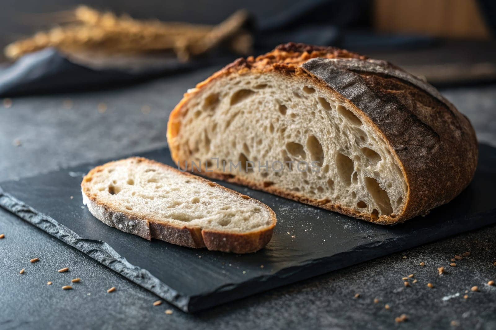 Artisan bread sits on a dark slate board, showcasing its crusty exterior and soft, airy interior. A single slice is laid beside the loaf, ready for tasting, evoking a warm, inviting atmosphere.