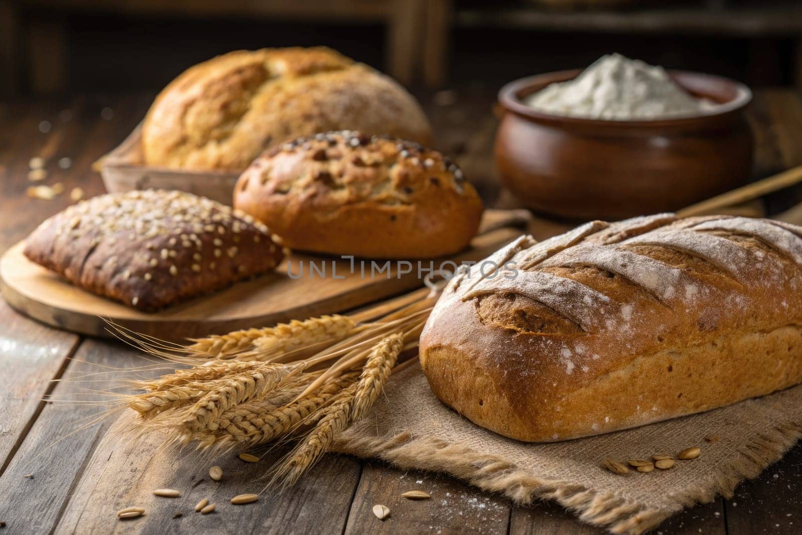 Different types of freshly baked bread are arranged on a rustic wooden table. A bowl of flour and wheat stalks add to the artisanal atmosphere.