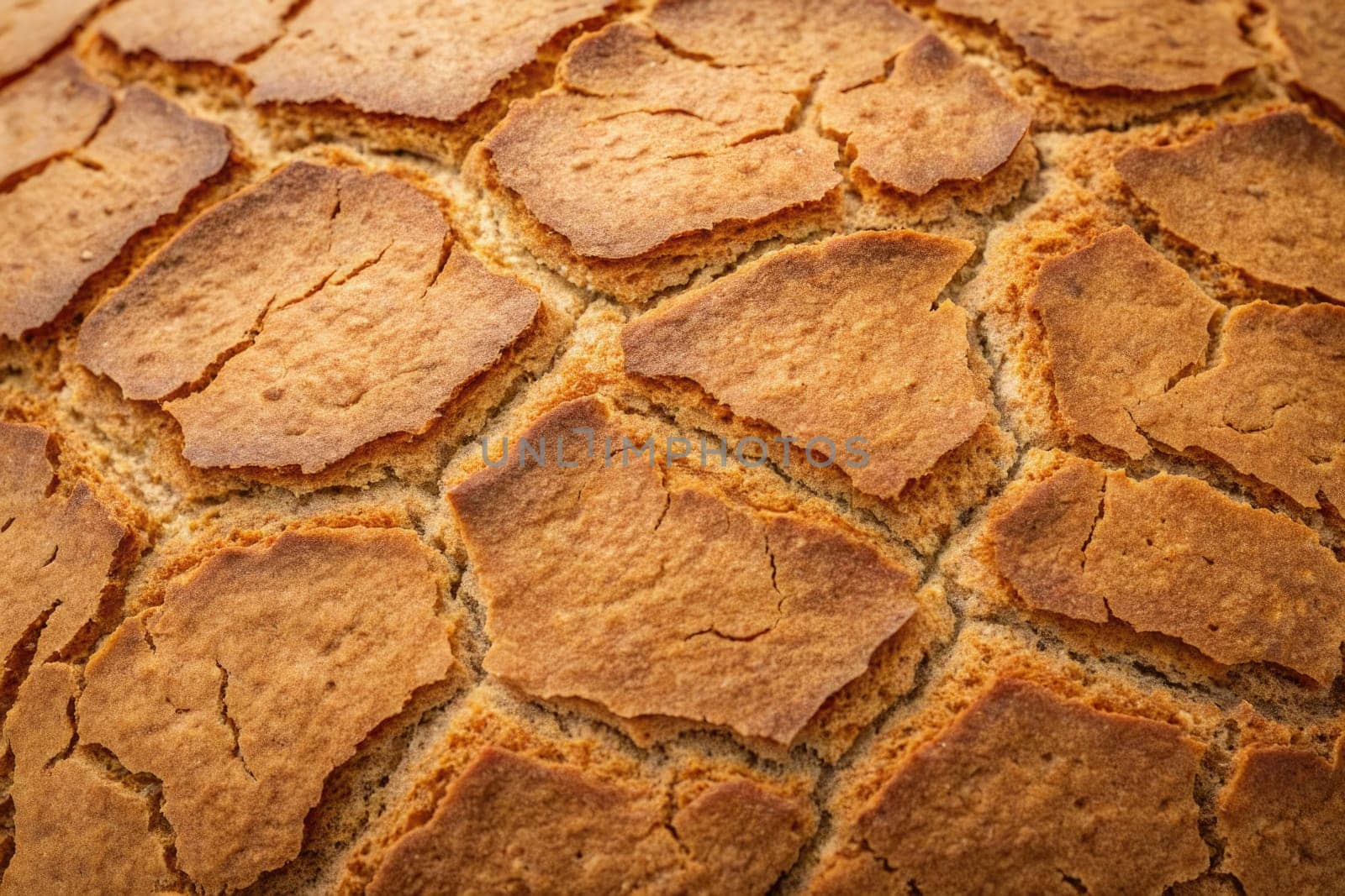 Close-up view of crusty bread showcasing its distinctive cracked surface and golden brown hue. The warm lighting highlights the texture, bringing out the artisanal quality of the bread.