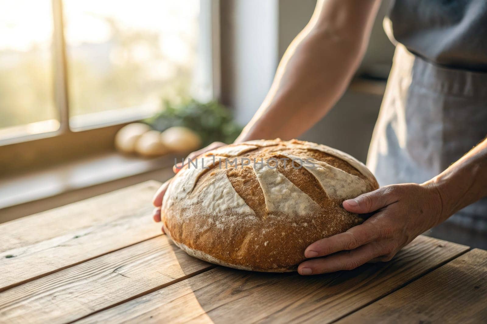 A person holds a round loaf of bread in a sunlit kitchen. The warm light enhances the golden crust while fresh ingredients are subtly visible in the background.