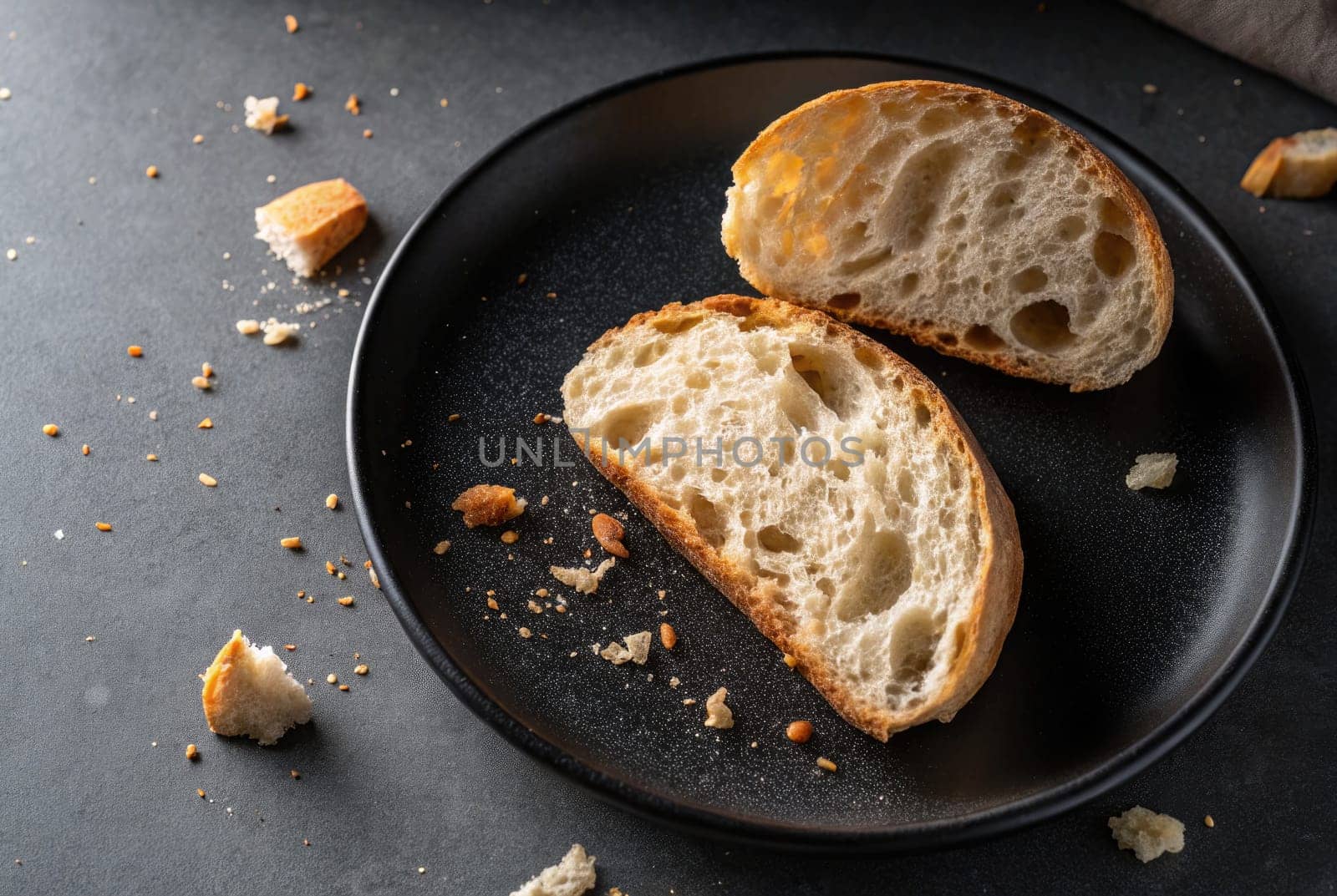 Soft, freshly baked bread is sliced and arranged on a black plate, accompanied by scattered crumbs on a dark surface, highlighting its texture and inviting appearance.