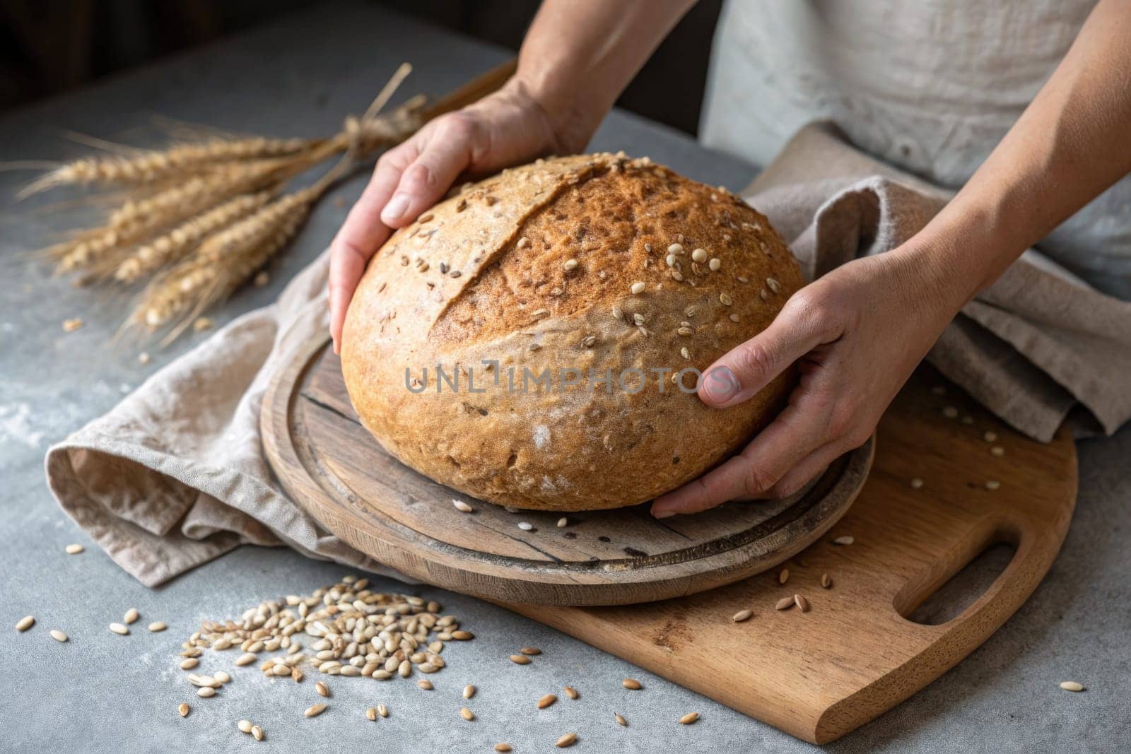 Hands gently hold a round loaf of whole grain bread on a wooden cutting board. Wheat stalks and grains are placed nearby, showcasing the artisan baking process in a rustic kitchen.