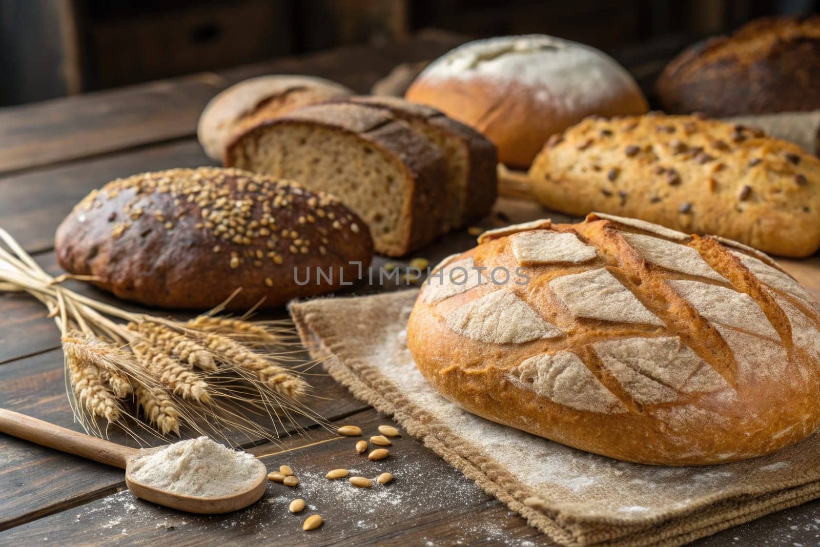 A variety of artisan breads are presented on a rustic wooden table. Wheat and flour are displayed alongside the breads, showcasing a warm and inviting atmosphere in a bakery setting.