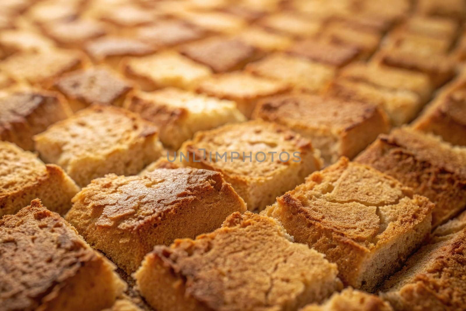 Rows of moist cake squares sit cooling on a countertop, showcasing a golden brown crust. The texture is inviting, revealing a light and airy interior. Perfect for dessert lovers.