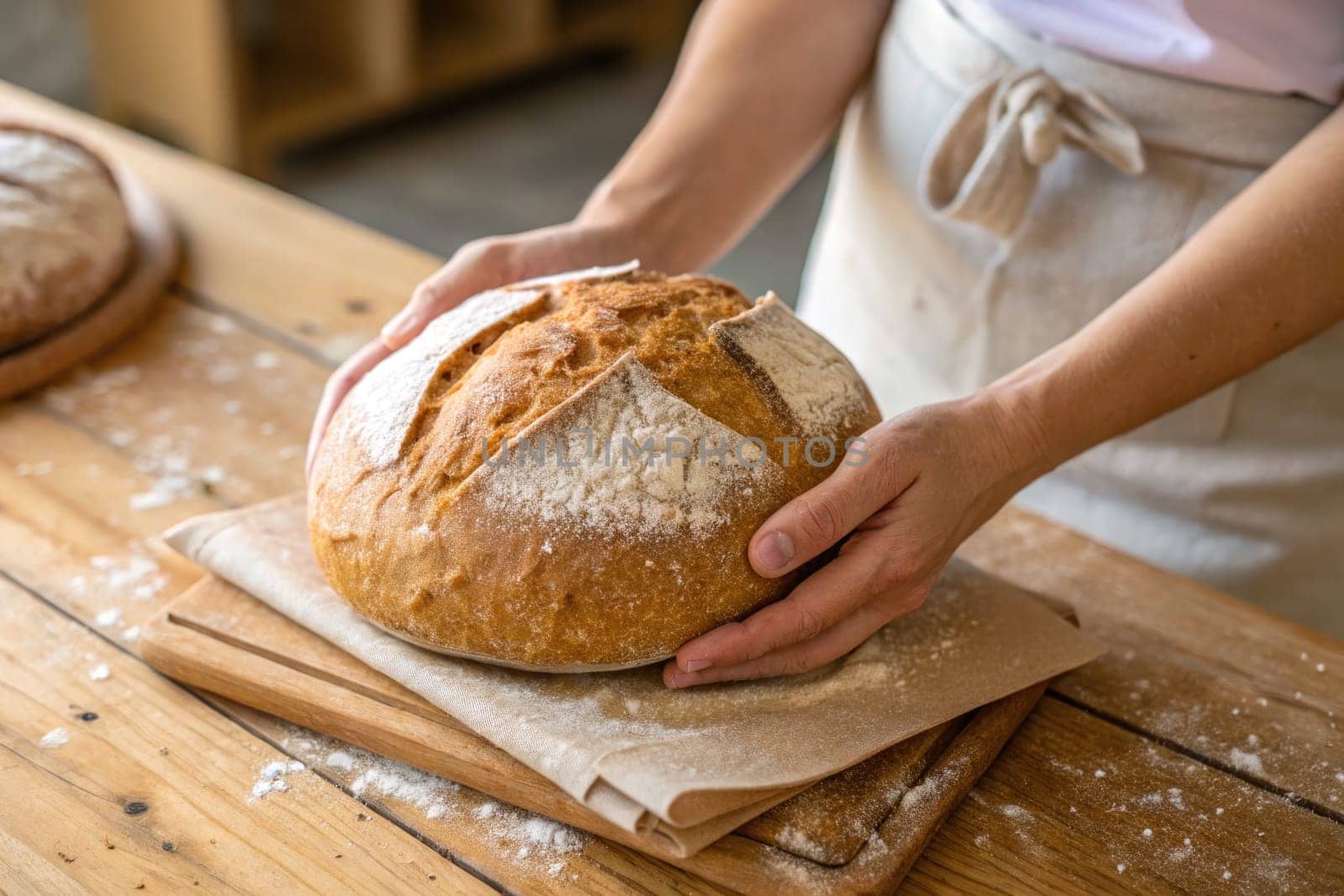 A skilled baker is holding a round loaf of freshly baked artisan bread, showcasing it on a wooden table. Flour is scattered around, adding to the warm and rustic atmosphere of the kitchen.