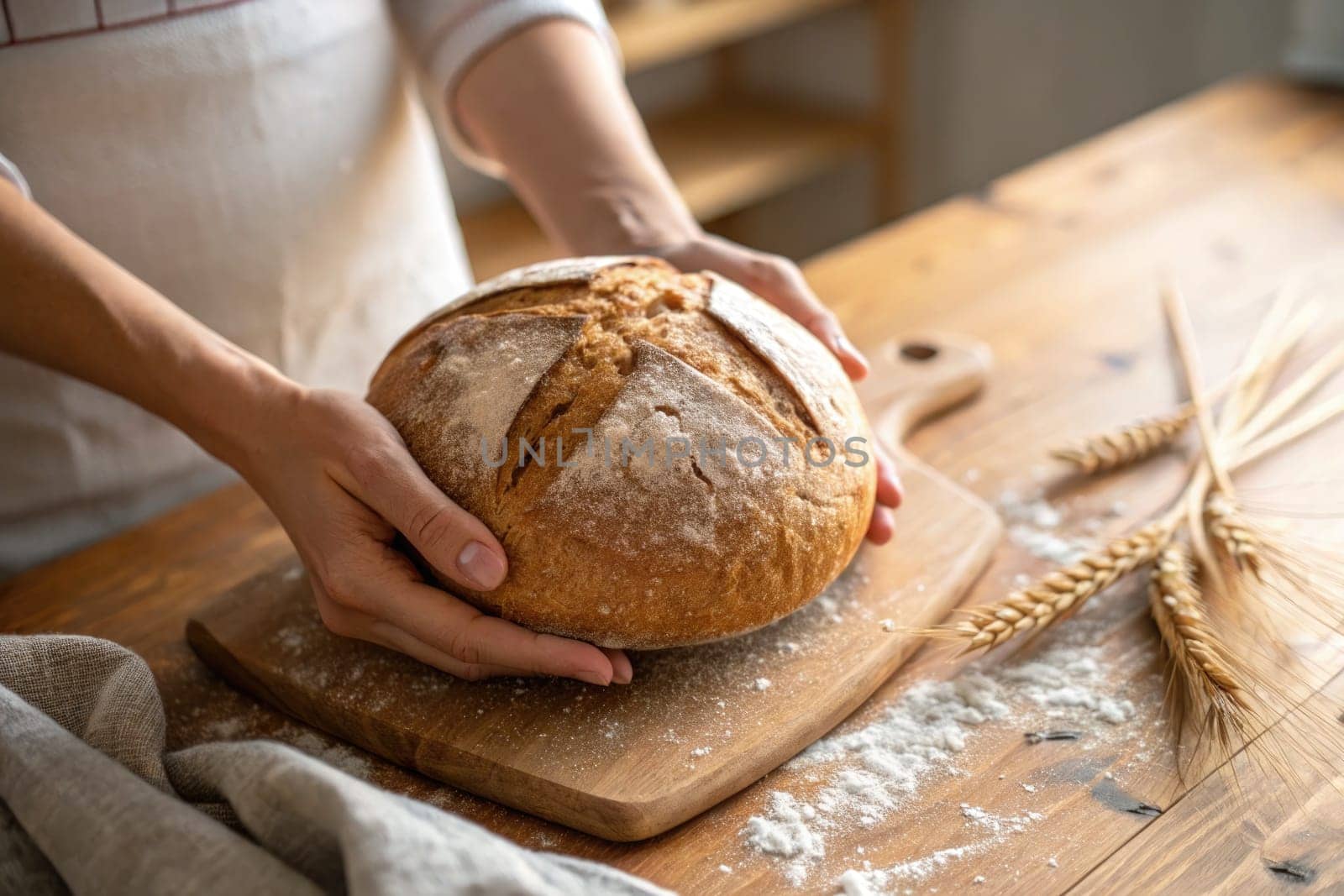 A person is holding a round loaf of freshly baked bread on a wooden cutting board. The kitchen has a warm atmosphere with flour scattered on the surface and wheat stalks nearby.