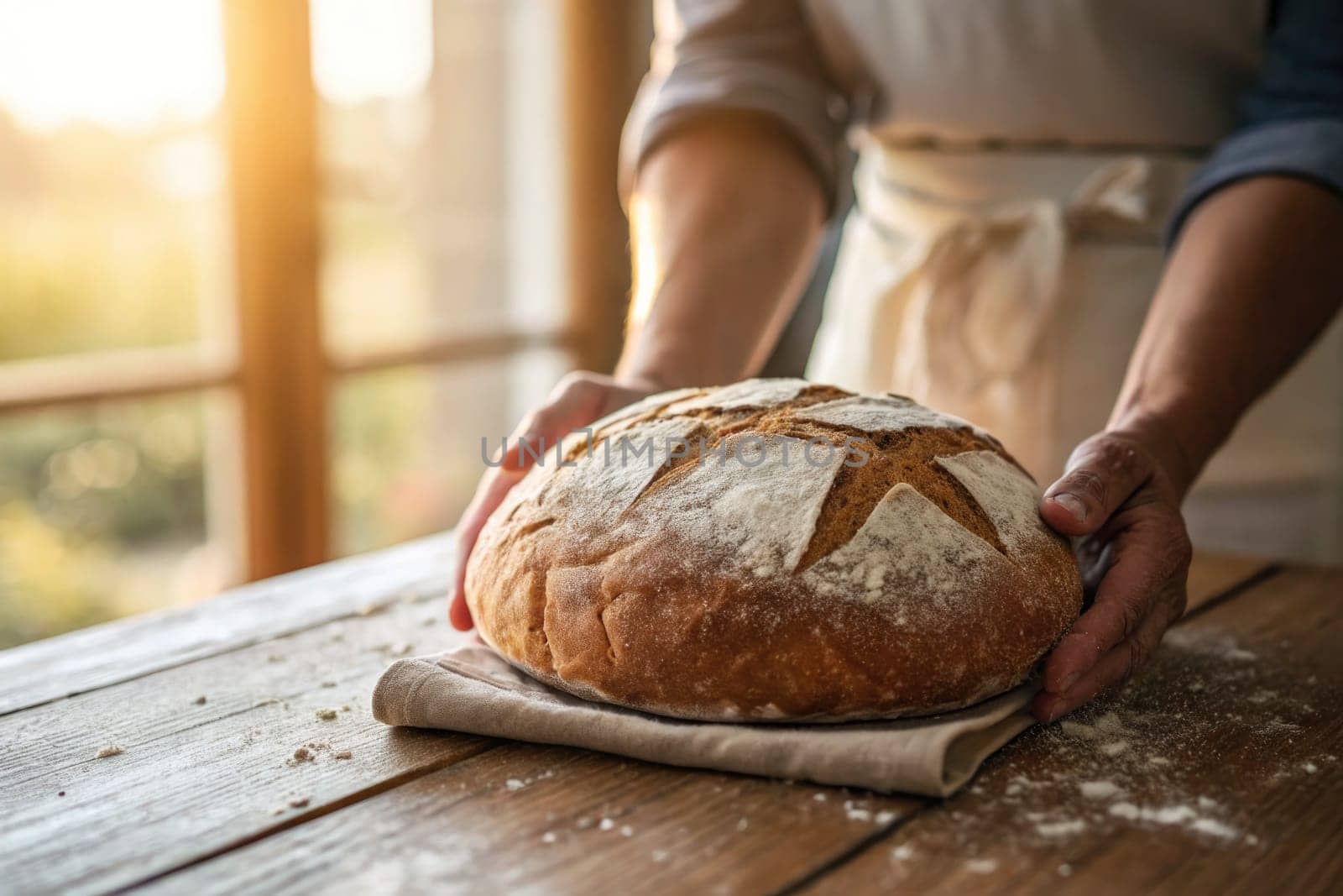 Baker in an apron holds a round loaf of bread on a cloth. Sunlight streams through a window, illuminating the warm, rustic setting.