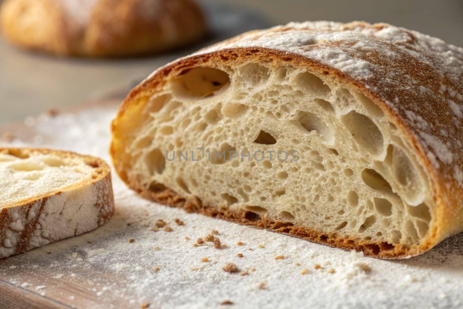 A sliced loaf of crusty bread reveals a fluffy interior dusted with flour. The bread is resting on a wooden board, with another loaf in the background, showcasing artisanal baking.