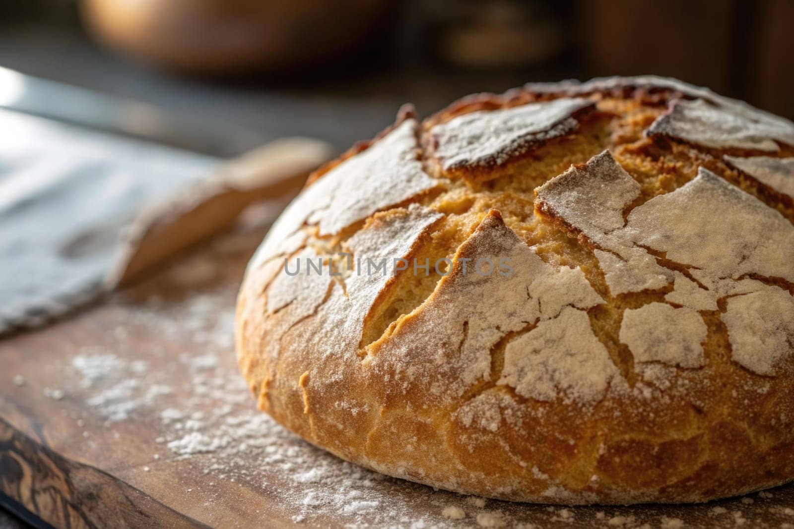A rustic loaf of artisan bread rests on a wooden cutting board, dusted with flour. Soft natural light highlights the crusty surface, inviting anyone to enjoy its warm, comforting aroma.