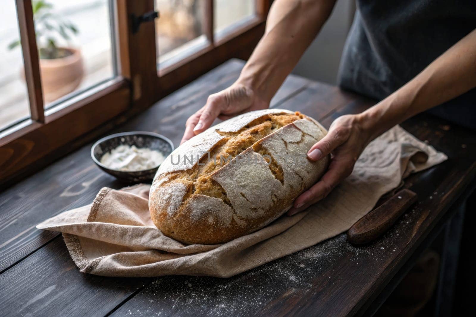 Warm, crusty bread is gently handled on a wooden table lined with a cloth. A small bowl of flour rests nearby, highlighting the process of baking.