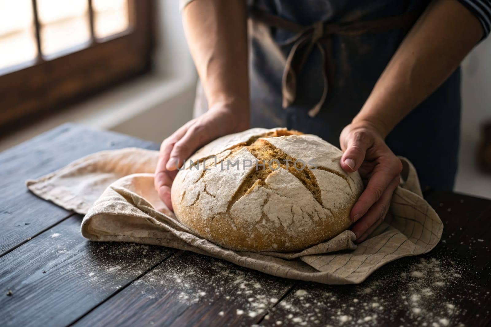 Hands gently hold a round loaf of artisanal bread, freshly baked and golden brown, resting on a textured cloth on a rustic wooden table in a warm kitchen.