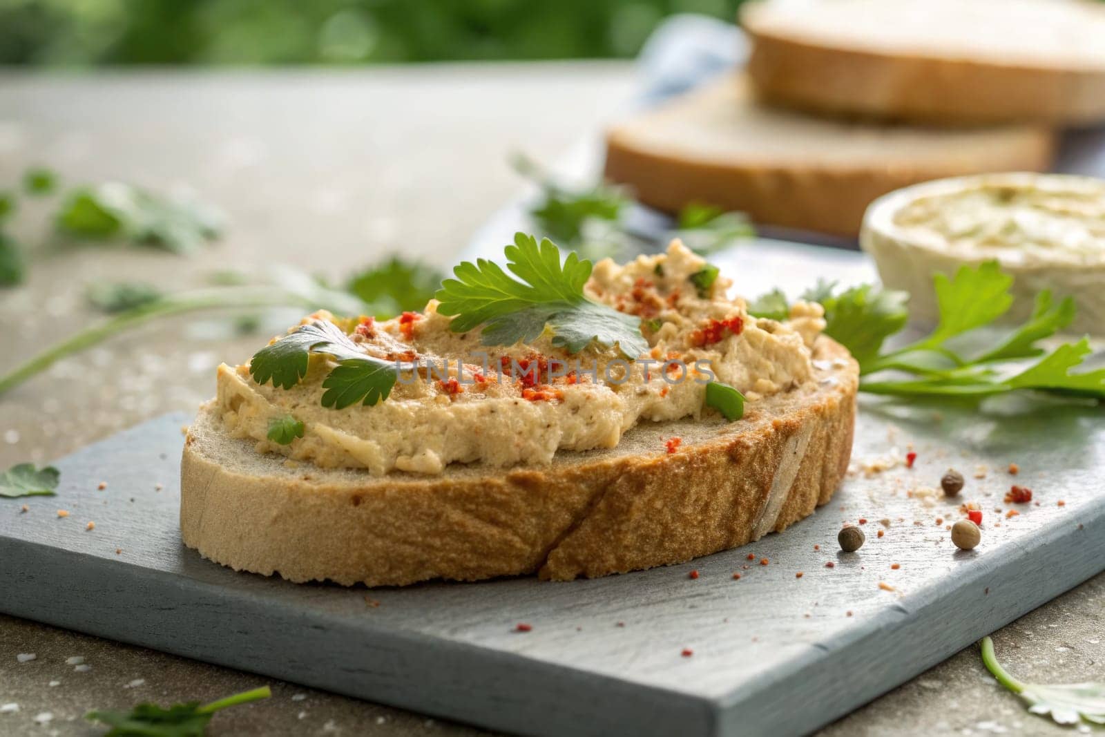 Crisp bread is generously layered with a creamy spread, garnished with herbs and spices, presented on a wooden board in a bright kitchen environment.