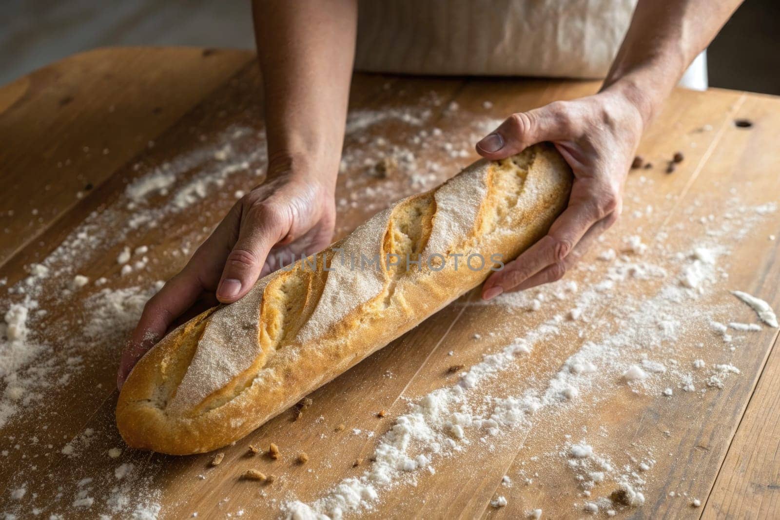 A person prepares to place a freshly baked baguette on a wooden table scattered with flour. The cozy kitchen radiates warmth as they hold the warm bread, ready for serving.