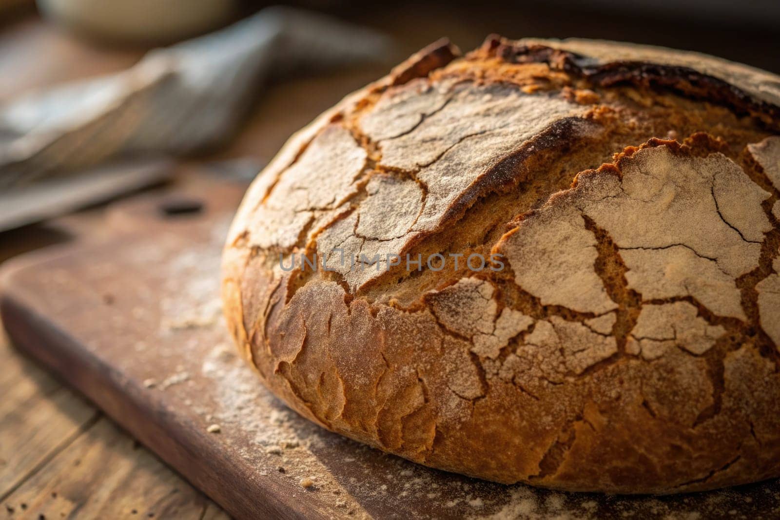 A round loaf of artisan bread rests on a wooden cutting board, showcasing a beautiful, cracked crust. Flour dust is scattered on the surface, creating a warm kitchen atmosphere.
