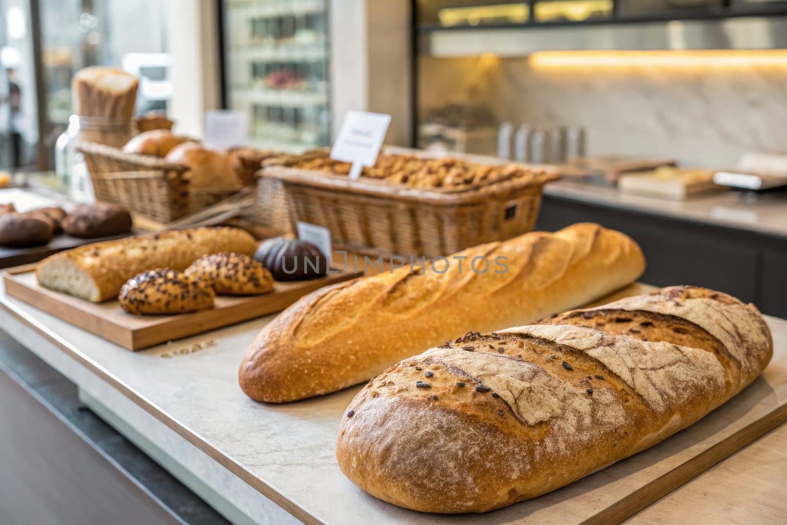 A selection of freshly baked breads in different shapes and sizes is neatly arranged on a counter.