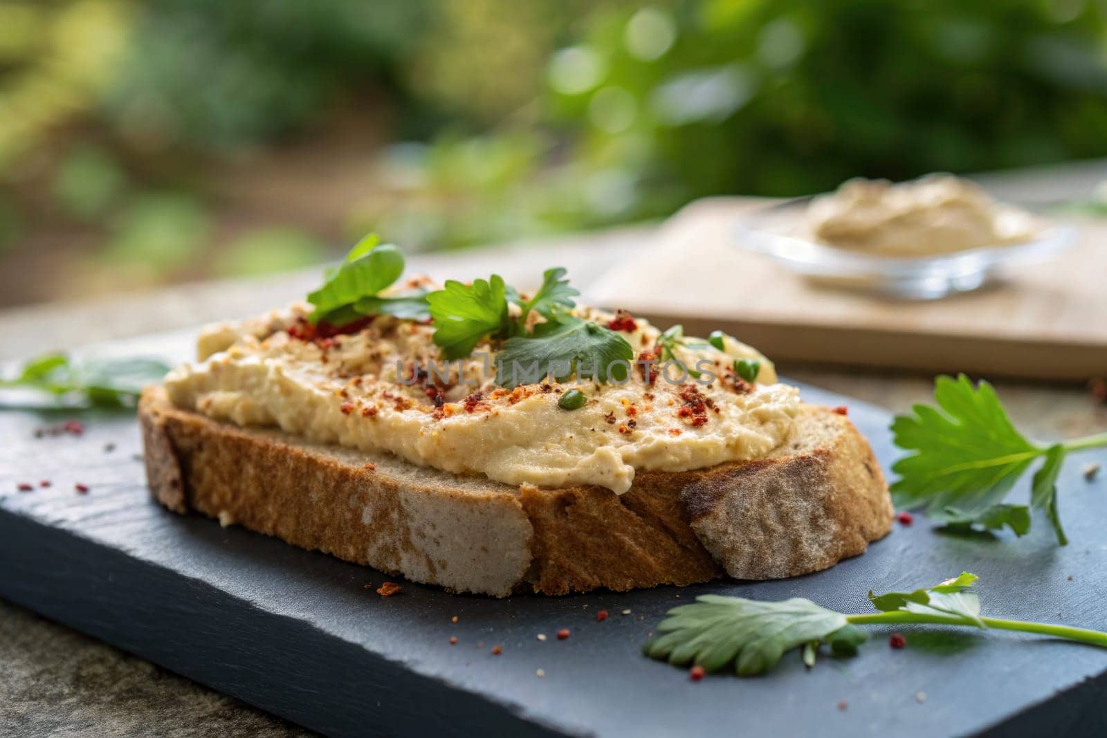 A slice of rustic bread is generously topped with creamy hummus, fresh herbs, and spices. The vibrant colors and textures reflect a healthy and appetizing snack made outdoors.